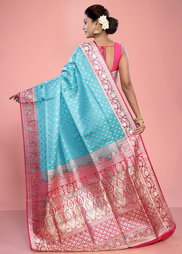 Blue Banarasi Pure Silk Saree With Blouse Piece - Indian Silk House Agencies