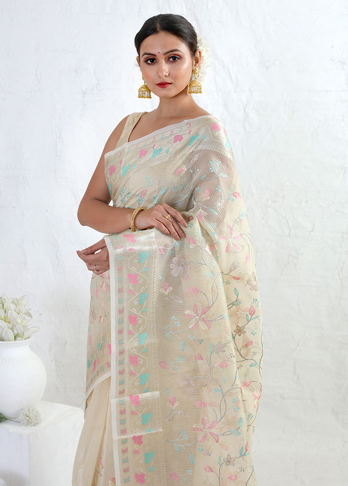 Cream Kota Cotton Saree With Blouse Piece - Indian Silk House Agencies