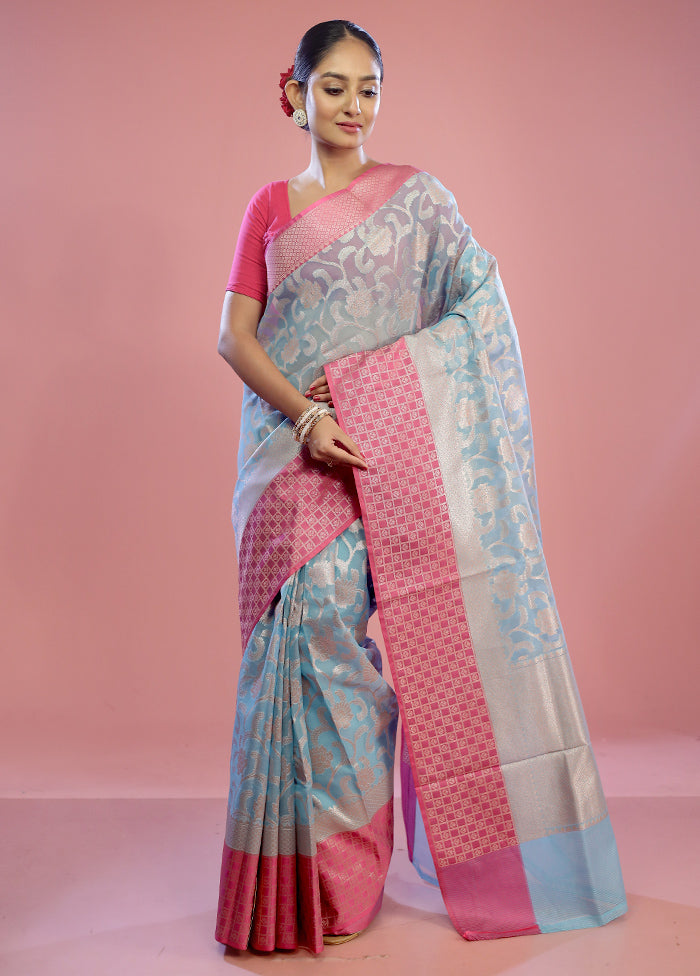 Blue Kora Silk Saree With Blouse Piece - Indian Silk House Agencies