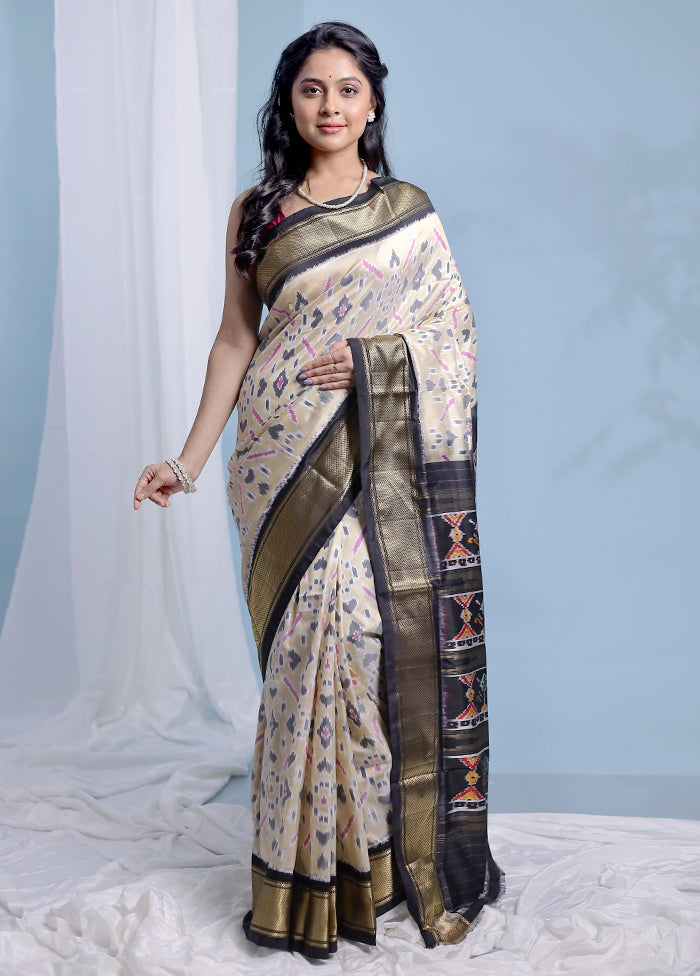 Cream Ikkat Pure Silk Saree With Blouse Piece - Indian Silk House Agencies