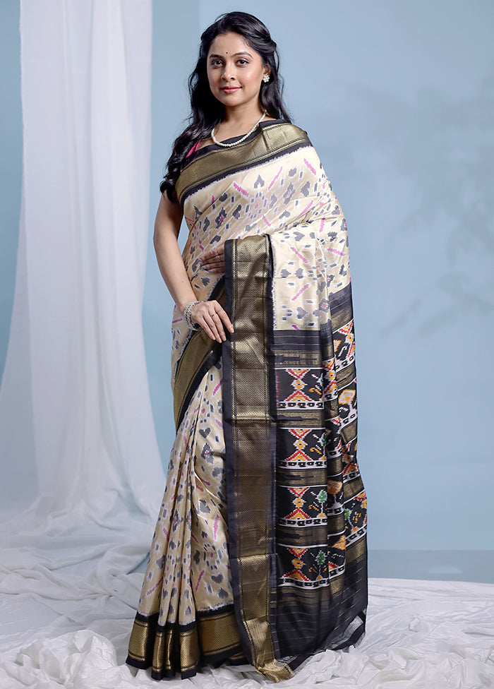 Cream Ikkat Pure Silk Saree With Blouse Piece - Indian Silk House Agencies