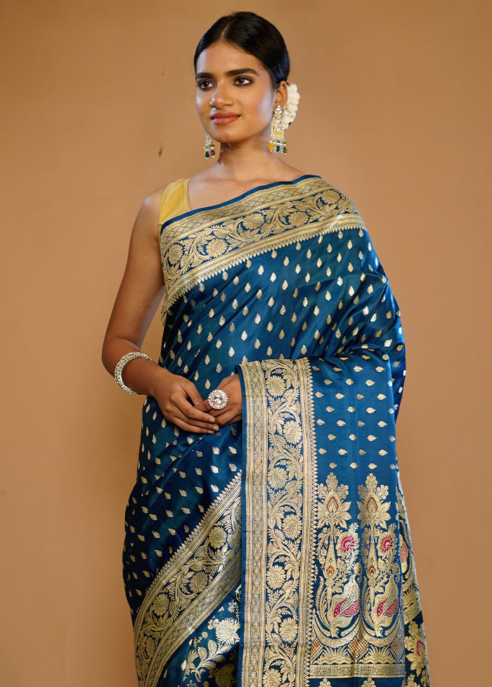 Blue Banarasi Pure Silk Saree With Blouse Piece - Indian Silk House Agencies