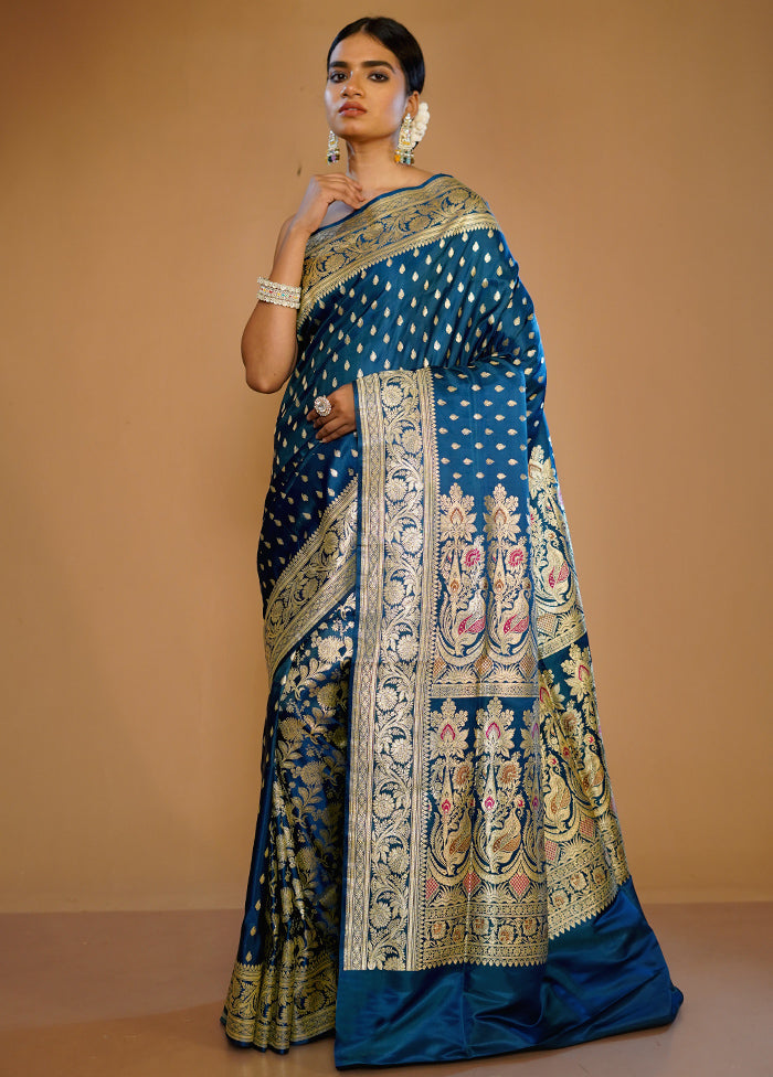 Blue Banarasi Pure Silk Saree With Blouse Piece - Indian Silk House Agencies