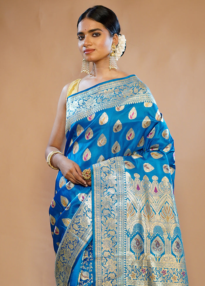 Blue Banarasi Pure Silk Saree With Blouse Piece - Indian Silk House Agencies