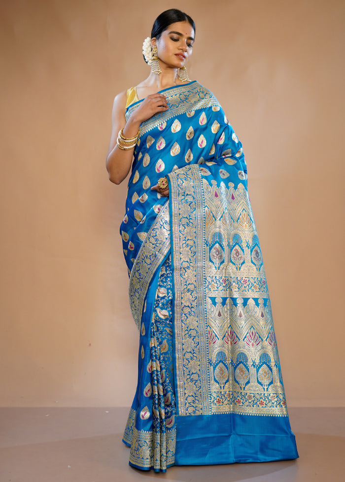 Blue Banarasi Pure Silk Saree With Blouse Piece - Indian Silk House Agencies