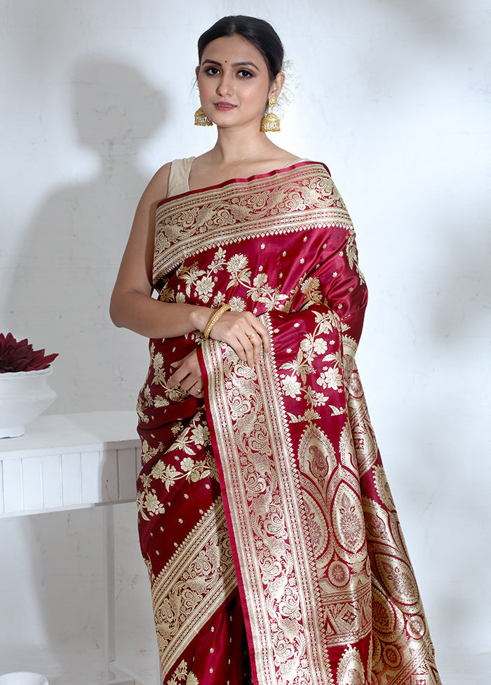 Maroon Banarasi Pure Silk Saree With Blouse Piece - Indian Silk House Agencies