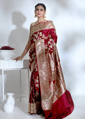 Maroon Banarasi Pure Silk Saree With Blouse Piece - Indian Silk House Agencies