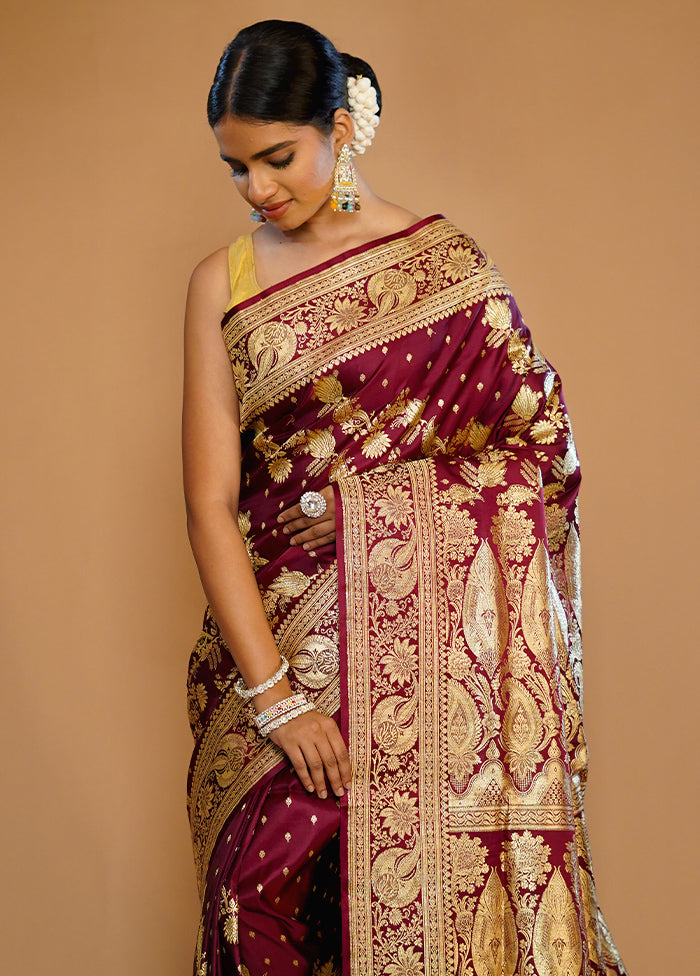 Wine Banarasi Pure Silk Saree With Blouse Piece - Indian Silk House Agencies