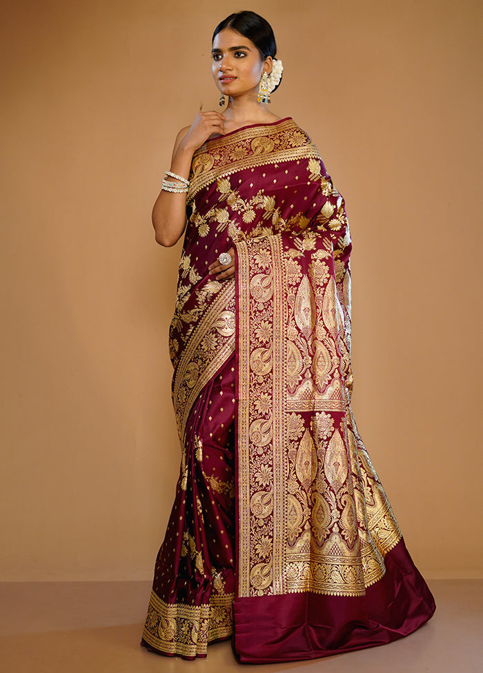 Wine Banarasi Pure Silk Saree With Blouse Piece - Indian Silk House Agencies