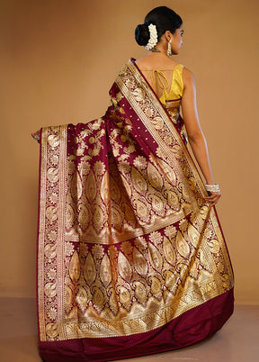 Wine Banarasi Pure Silk Saree With Blouse Piece - Indian Silk House Agencies