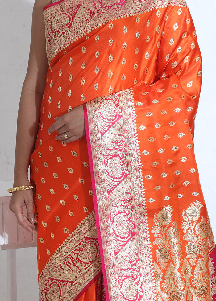 Orange Banarasi Pure Silk Saree With Blouse Piece - Indian Silk House Agencies