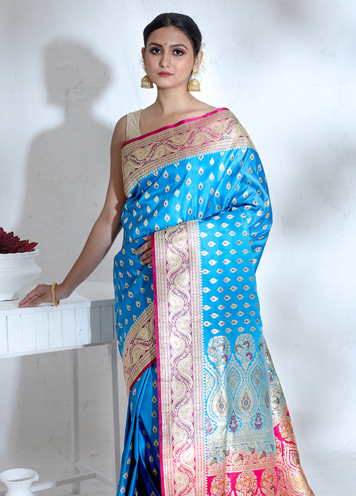 Blue Banarasi Pure Silk Saree With Blouse Piece - Indian Silk House Agencies