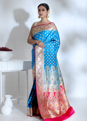 Blue Banarasi Pure Silk Saree With Blouse Piece - Indian Silk House Agencies