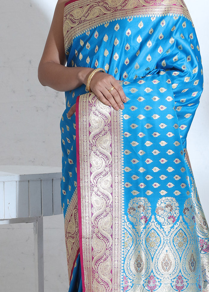 Blue Banarasi Pure Silk Saree With Blouse Piece - Indian Silk House Agencies