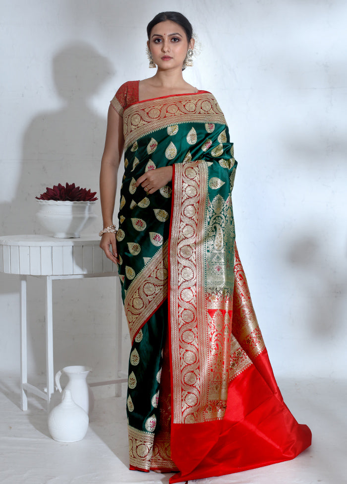 Green Banarasi Pure Silk Saree With Blouse Piece - Indian Silk House Agencies