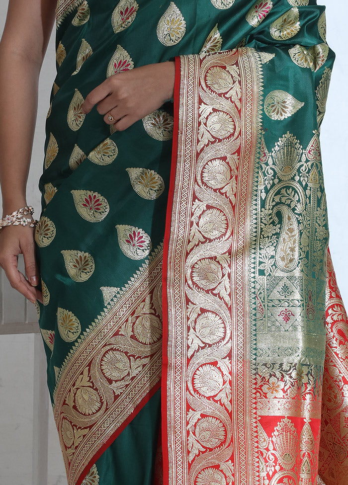 Green Banarasi Pure Silk Saree With Blouse Piece - Indian Silk House Agencies