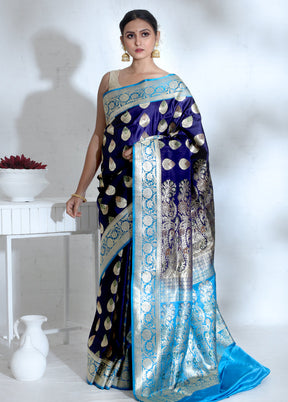 Blue Banarasi Pure Silk Saree With Blouse Piece - Indian Silk House Agencies