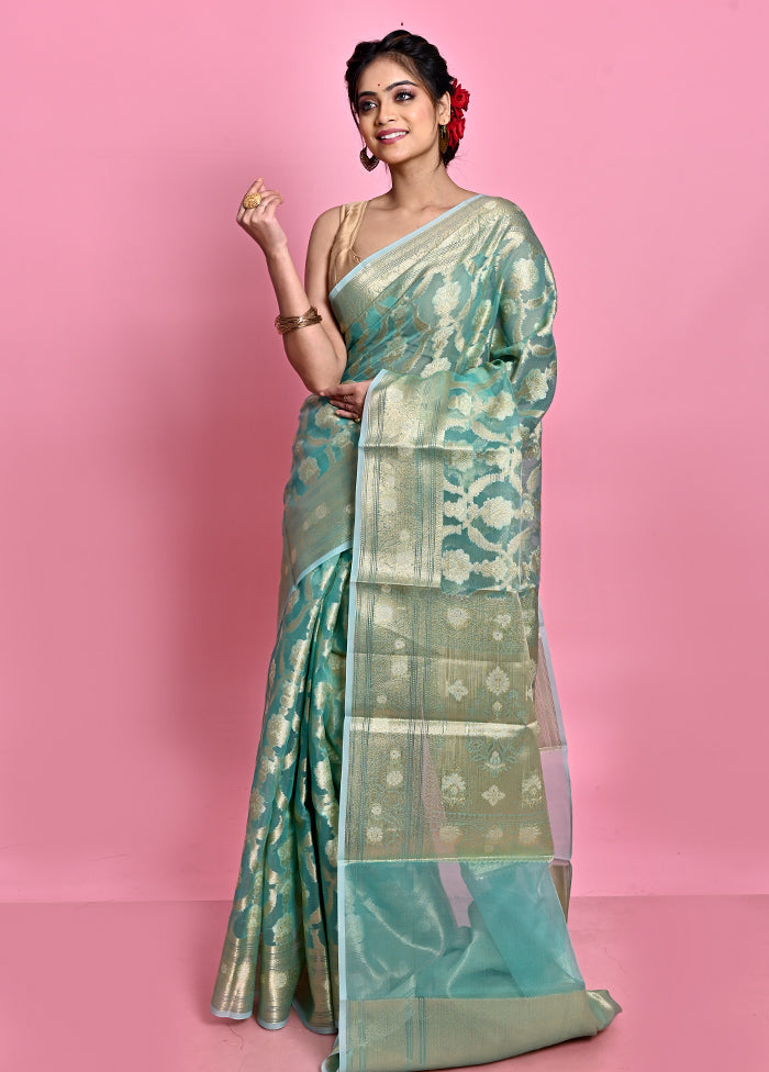 Blue Organza Saree With Blouse Piece - Indian Silk House Agencies