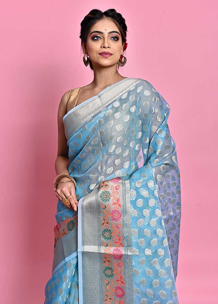 Blue Organza Saree With Blouse Piece - Indian Silk House Agencies