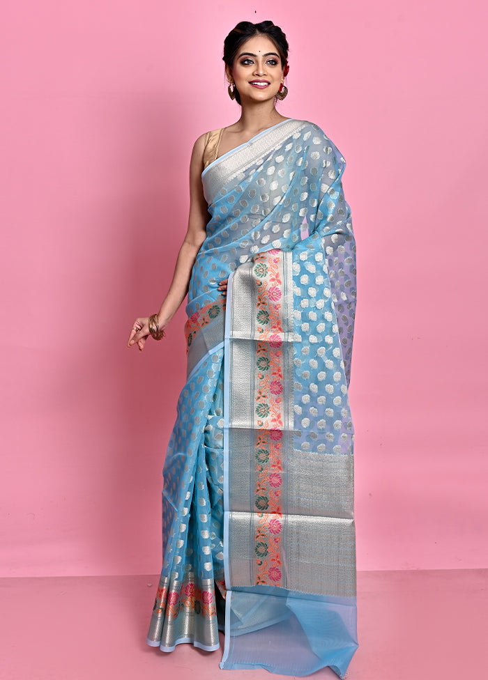 Blue Organza Saree With Blouse Piece - Indian Silk House Agencies