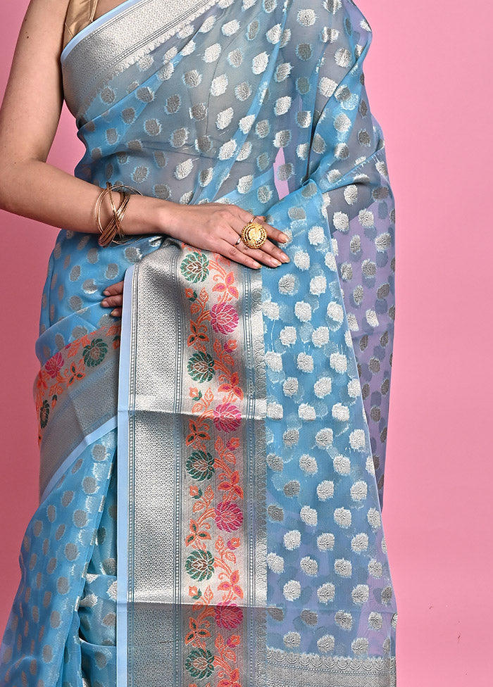 Blue Organza Saree With Blouse Piece - Indian Silk House Agencies