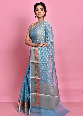 Blue Organza Saree With Blouse Piece - Indian Silk House Agencies