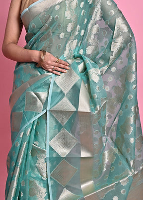 Blue Organza Saree With Blouse Piece - Indian Silk House Agencies