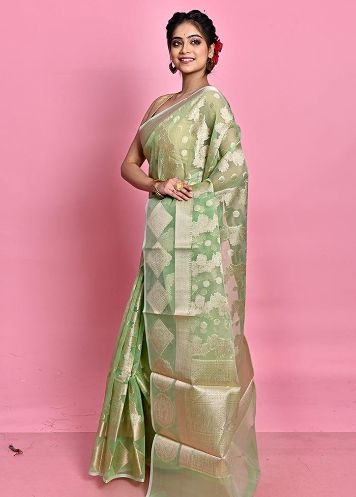 Green Organza Saree With Blouse Piece - Indian Silk House Agencies