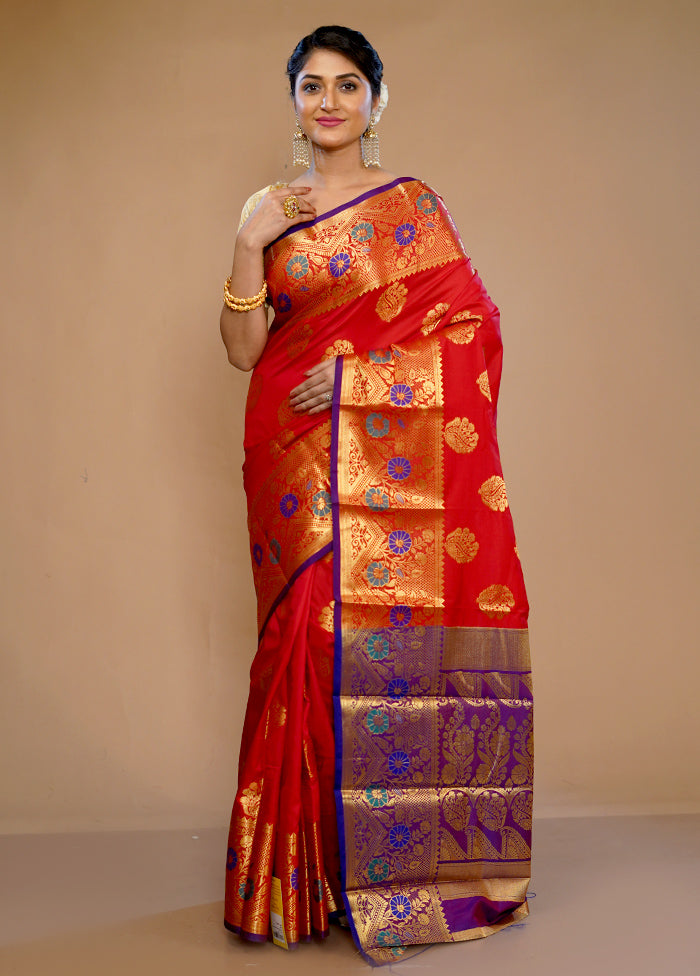 Red Kanjivaram Silk Saree With Blouse Piece - Indian Silk House Agencies