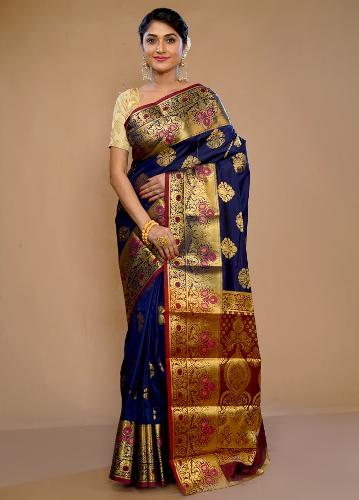 Blue Kanjivaram Silk Saree With Blouse Piece - Indian Silk House Agencies