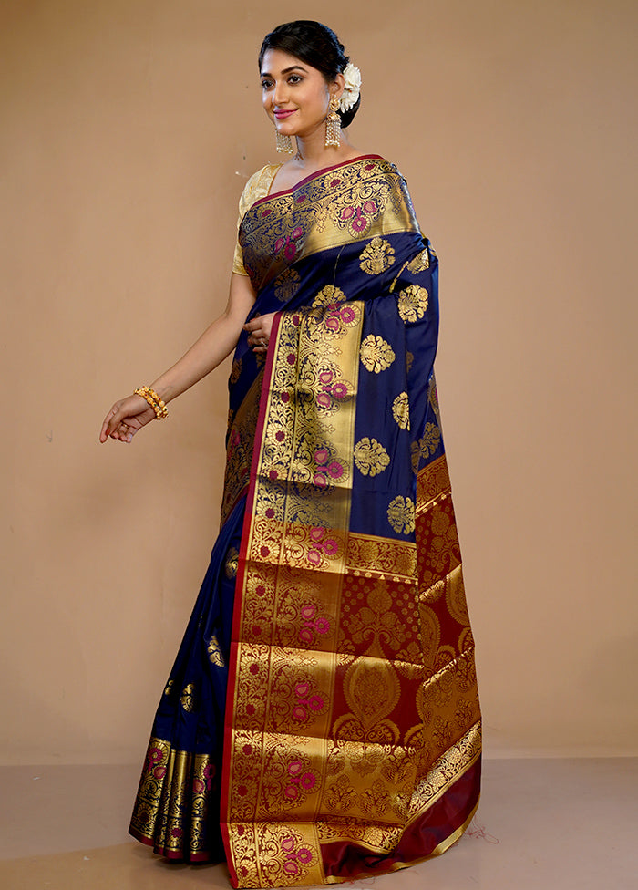 Blue Kanjivaram Silk Saree With Blouse Piece - Indian Silk House Agencies