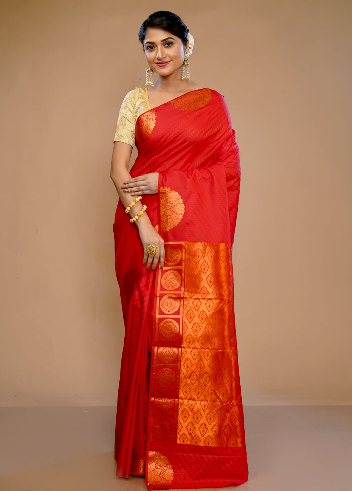 Red Kanjivaram Silk Saree With Blouse Piece - Indian Silk House Agencies