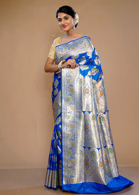 Blue Banarasi Silk Saree With Blouse Piece - Indian Silk House Agencies