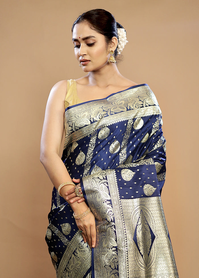 Blue Banarasi Silk Saree With Blouse Piece - Indian Silk House Agencies