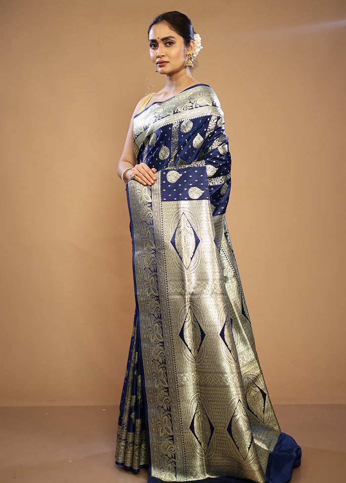 Blue Banarasi Silk Saree With Blouse Piece - Indian Silk House Agencies