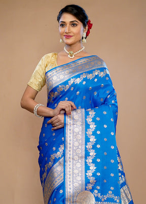 Blue Banarasi Silk Saree With Blouse Piece - Indian Silk House Agencies