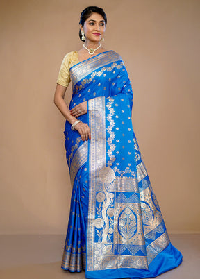 Blue Banarasi Silk Saree With Blouse Piece - Indian Silk House Agencies