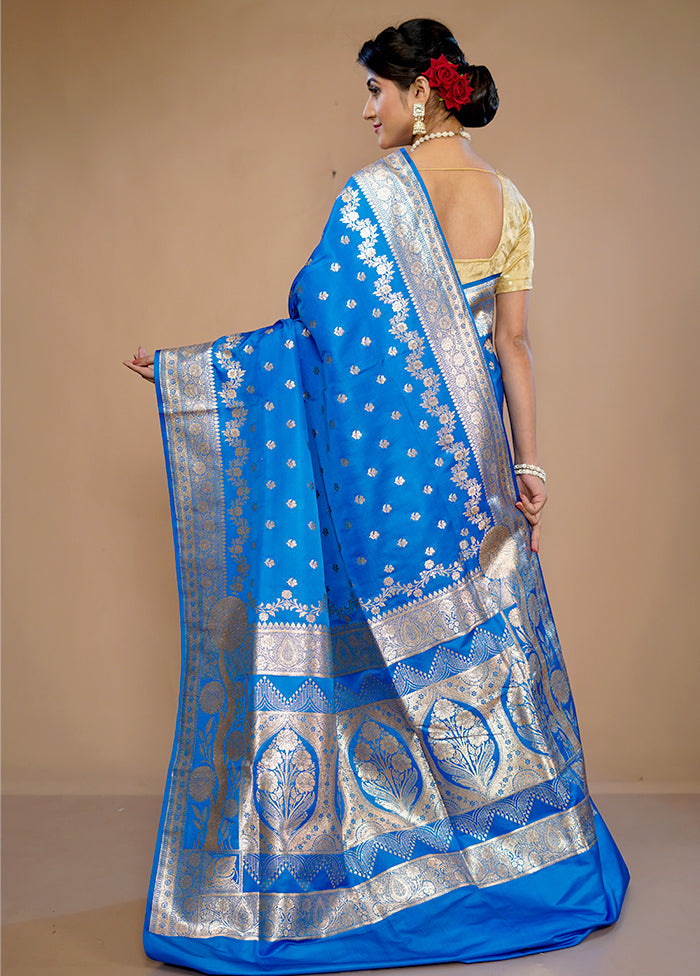 Blue Banarasi Silk Saree With Blouse Piece - Indian Silk House Agencies