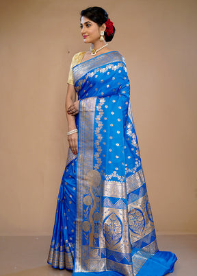 Blue Banarasi Silk Saree With Blouse Piece - Indian Silk House Agencies