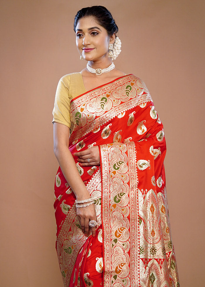 Red Banarasi Pure Silk Saree With Blouse Piece - Indian Silk House Agencies