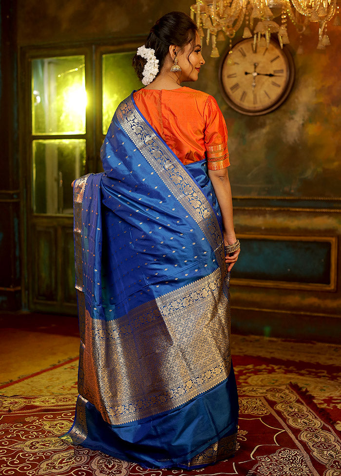 Blue Katan Pure Silk Saree With Blouse Piece - Indian Silk House Agencies