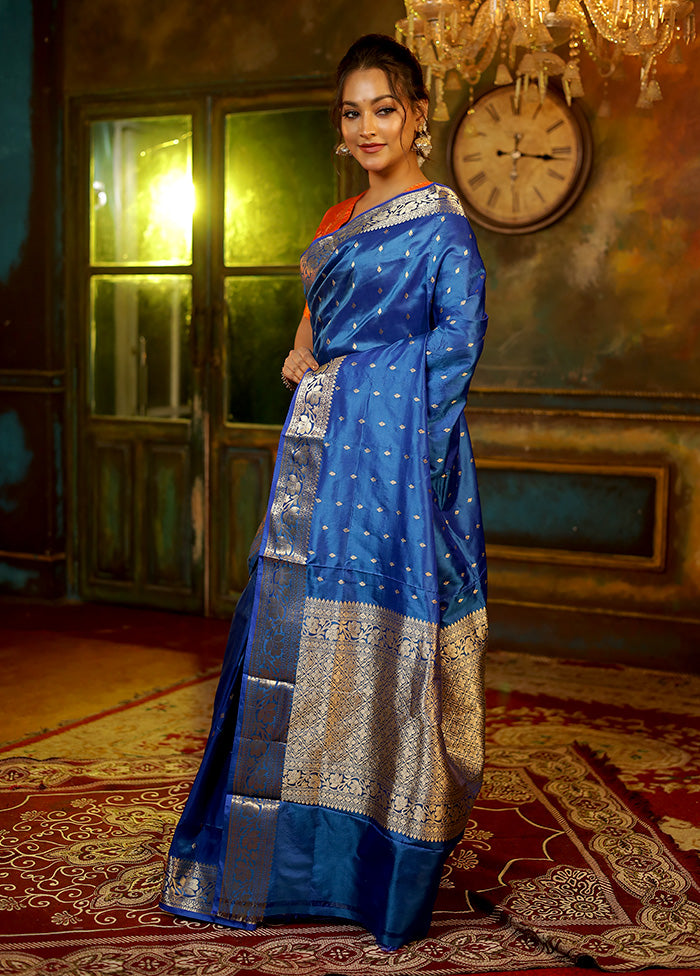 Blue Katan Pure Silk Saree With Blouse Piece - Indian Silk House Agencies