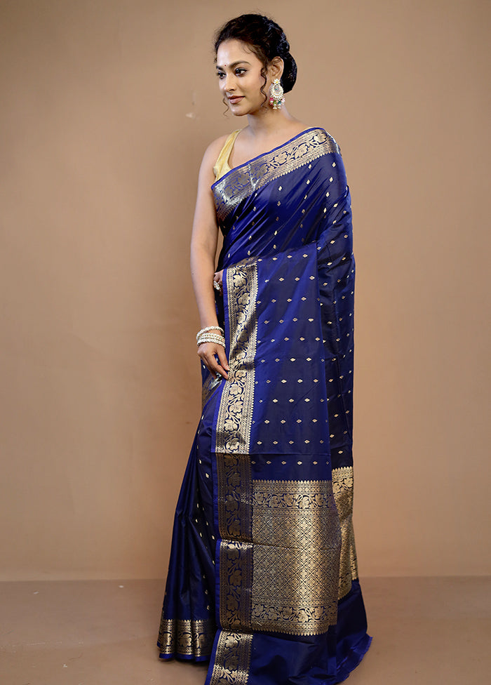 Blue Katan Pure Silk Saree With Blouse Piece - Indian Silk House Agencies