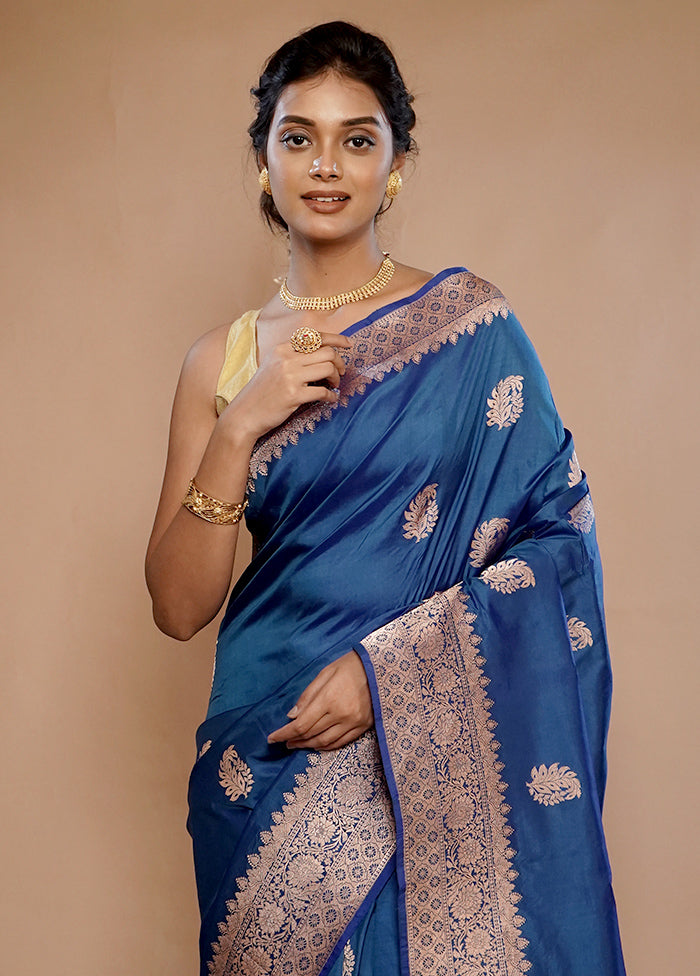 Blue Katan Pure Silk Saree With Blouse Piece - Indian Silk House Agencies