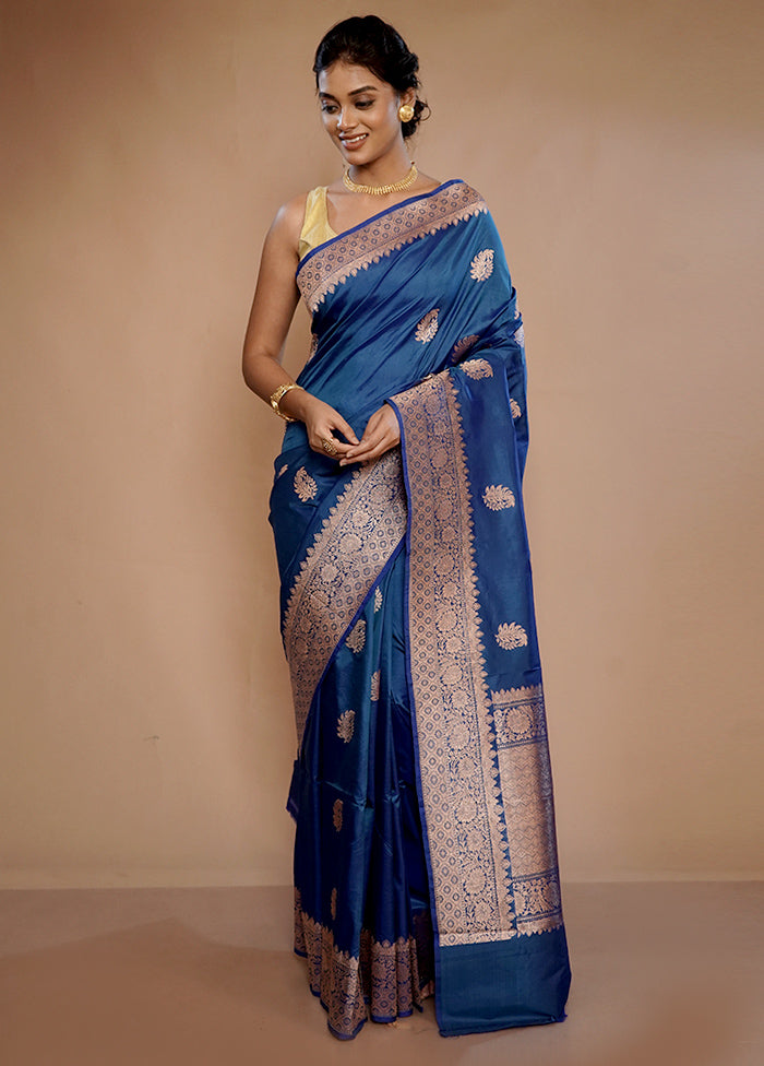 Blue Katan Pure Silk Saree With Blouse Piece - Indian Silk House Agencies