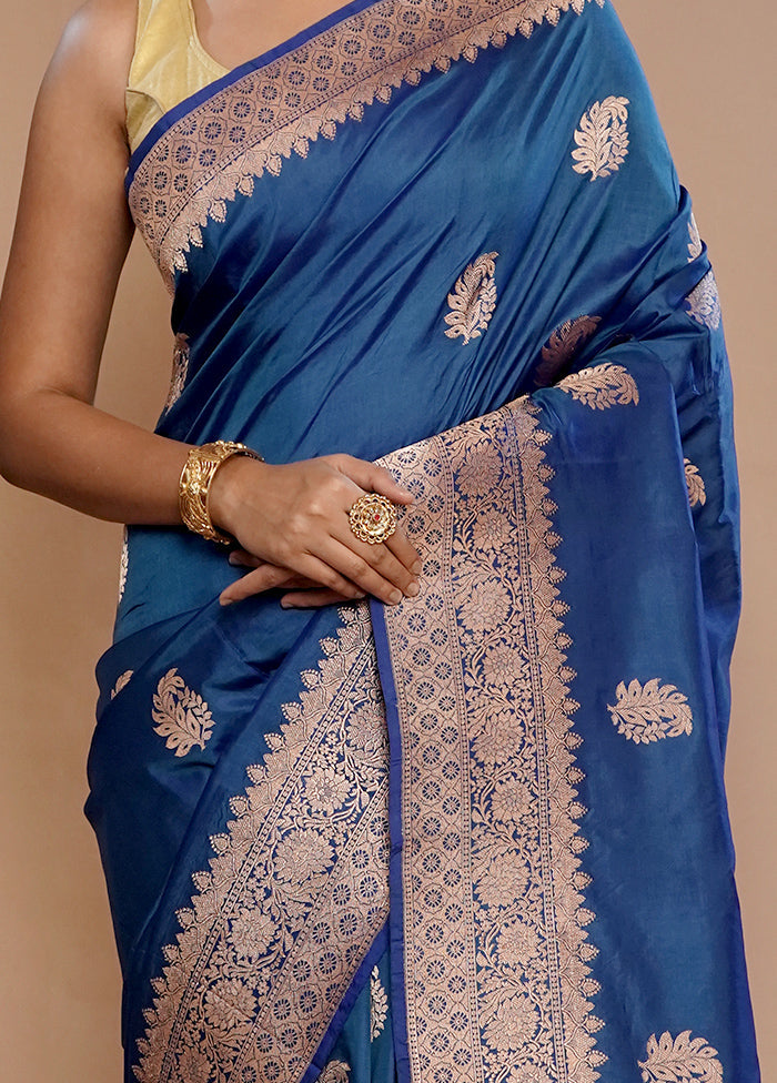 Blue Katan Pure Silk Saree With Blouse Piece - Indian Silk House Agencies