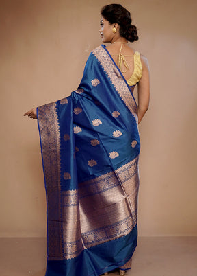 Blue Katan Pure Silk Saree With Blouse Piece - Indian Silk House Agencies