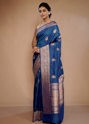 Blue Katan Pure Silk Saree With Blouse Piece - Indian Silk House Agencies