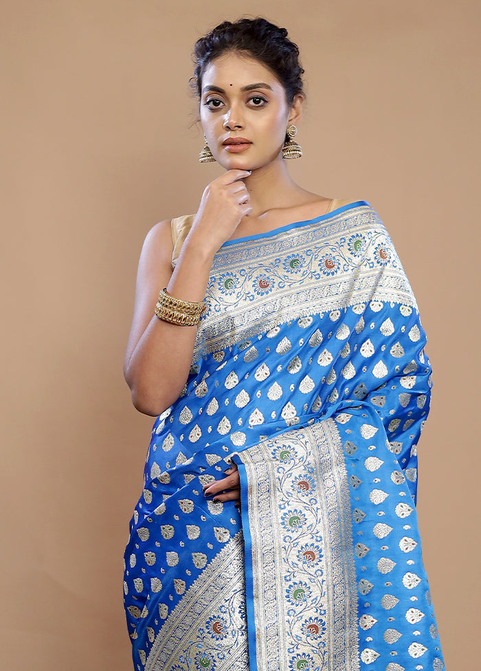 Blue Banarasi Silk Saree With Blouse Piece - Indian Silk House Agencies