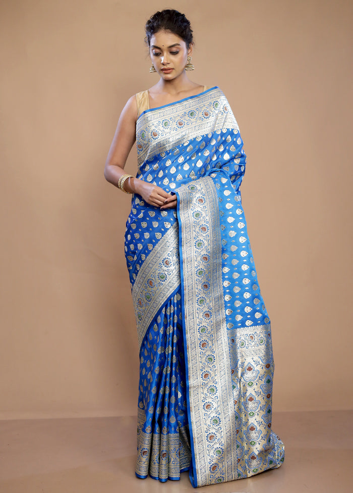 Blue Banarasi Silk Saree With Blouse Piece - Indian Silk House Agencies